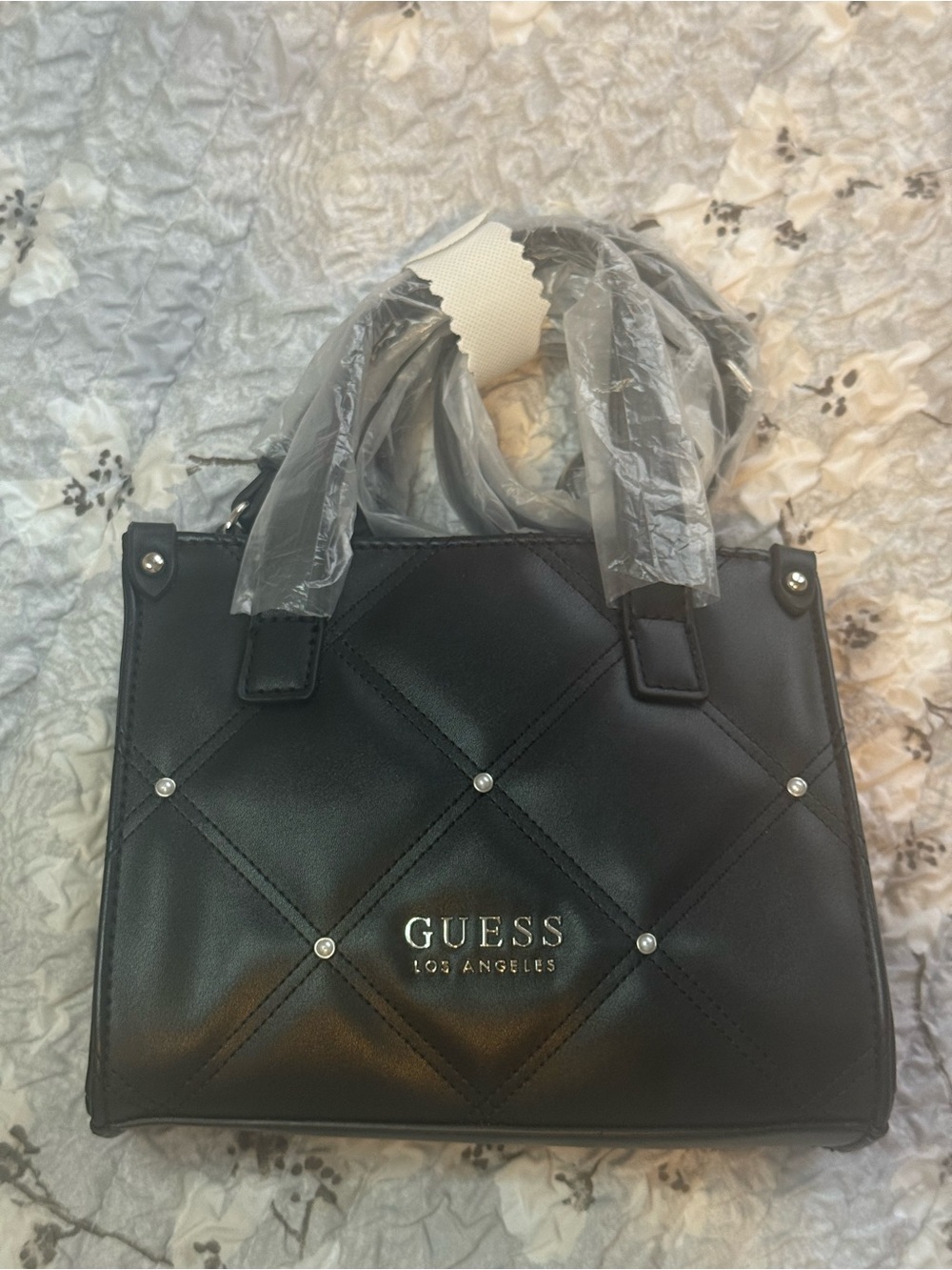 GUESS Black Quilted Satchel with Stud Accents